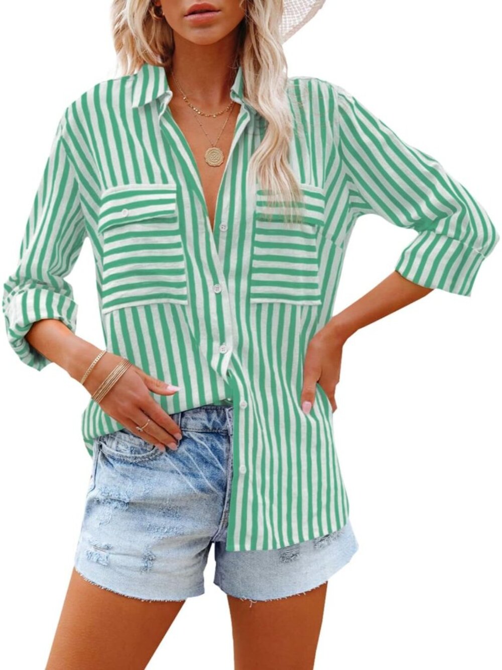 🆕Women's Green Long Sleeve Button Down V Neck Casual Imported Blouses Shirts